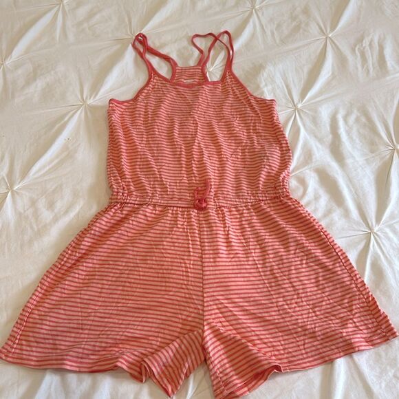 Old Navy Girl's Orange Stripe Spaghetti Strap Drawstring Waistband Romper Large - Picture 1 of 6